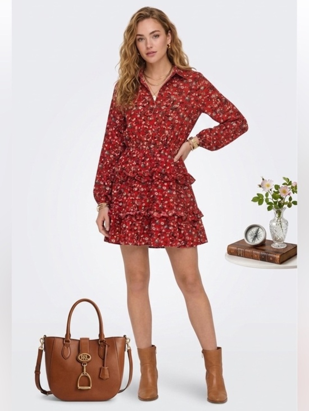 Pretty Little Thing Red Floral Print Tiered Ling Sleeve Button Up Dress